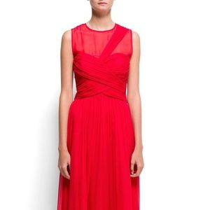 MANGO RED DRAPED SILK DRESS EVENING HOLIDAY GOWN